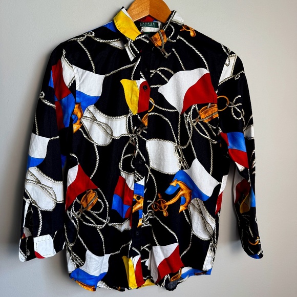 Lauren Ralph Lauren Nautical Sailing Flag Print Button‎ Up Blouse Black Medium - Picture 1 of 15